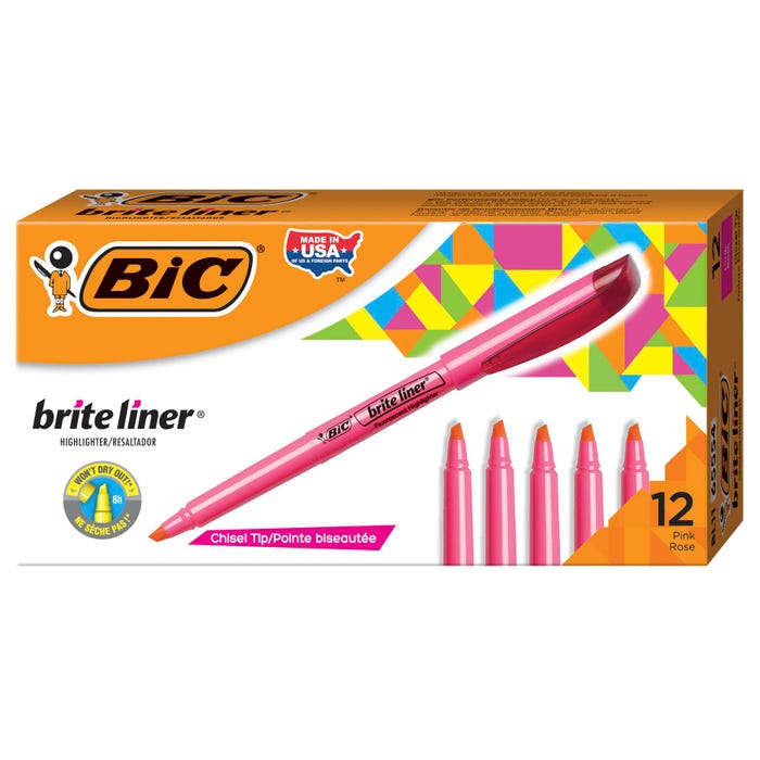 BIC Brite Liner Highlighters, Chisel Tip, Fluorescent Pink, Pack of 12