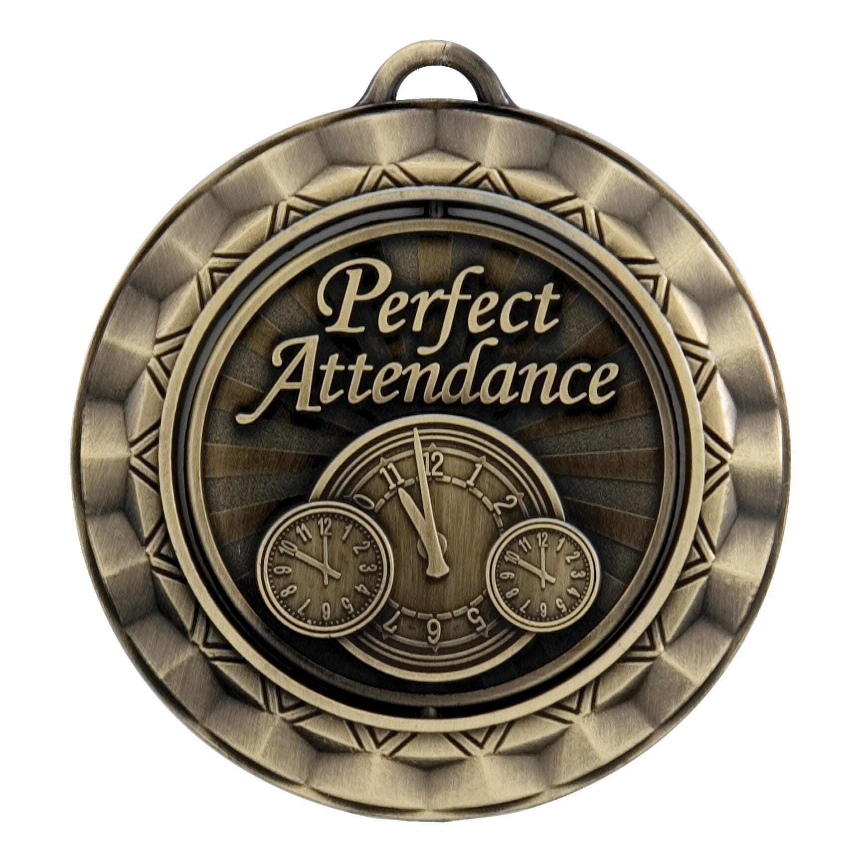 PDU CAT Perfect Attendance Die Struck Spinner Medal, 2-5/16 in, Metal, Gold