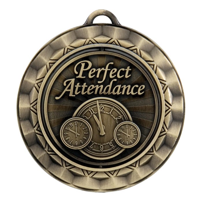 PDU CAT Perfect Attendance Die Struck Spinner Medal, 2-5/16 in, Metal, Gold
