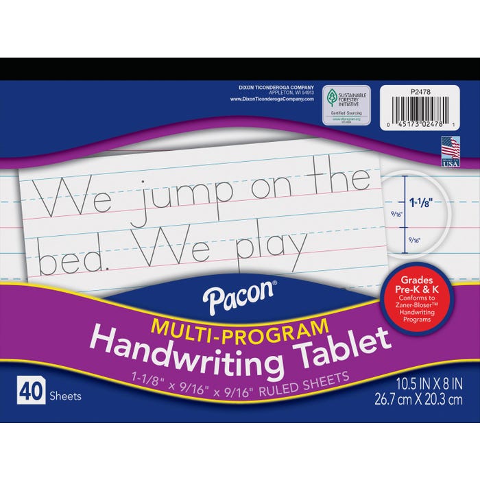 Pacon Multi-Program Handwriting Tablet, 10-1/2 x 8 Inches, Grades PreK-K, 40 Sheets