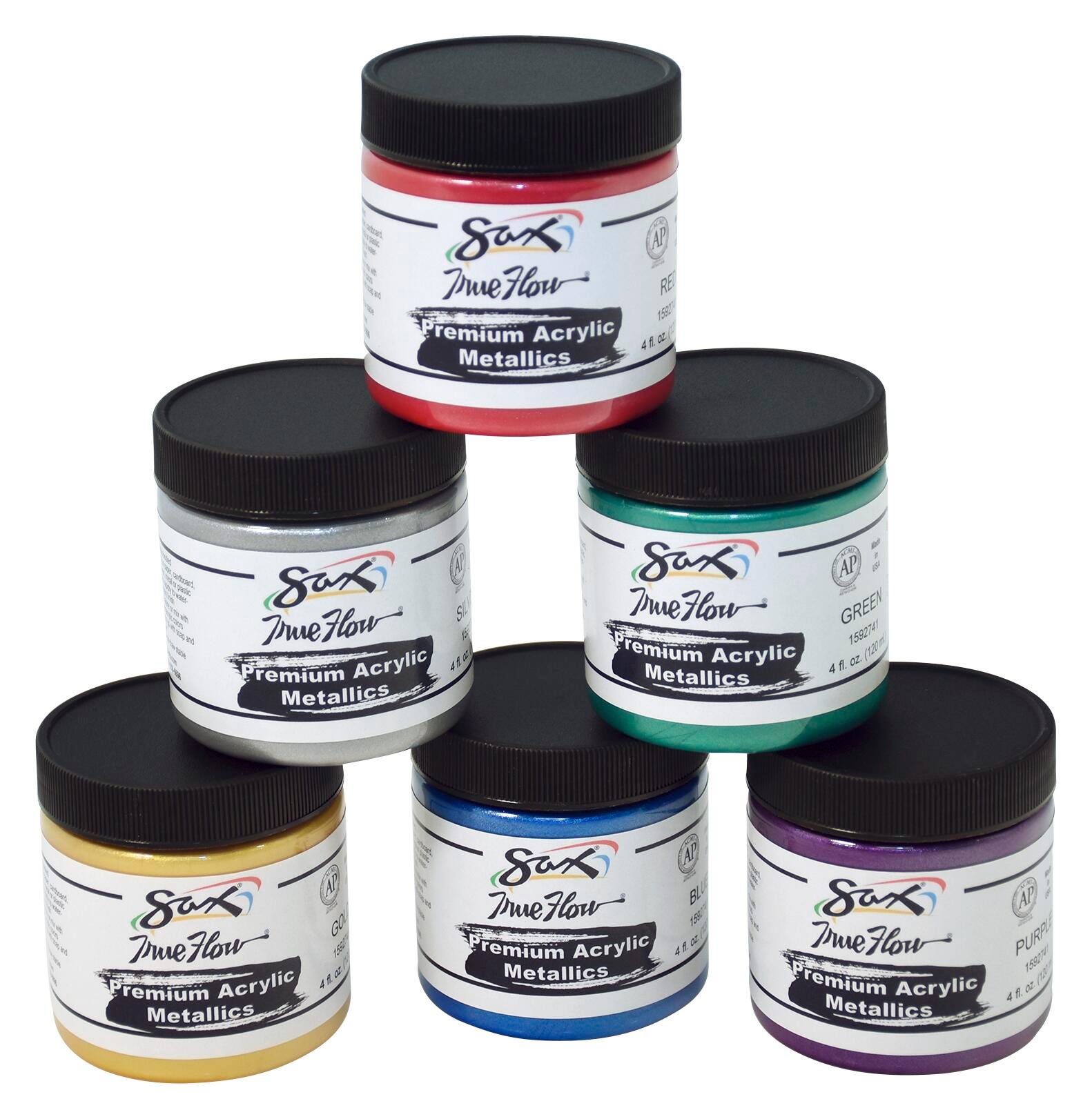 Sax Premium Heavy-Bodied Acrylic Paint, 4 Ounce Jars, Assorted Metallic Colors, Set of 6 Item Number 1592741