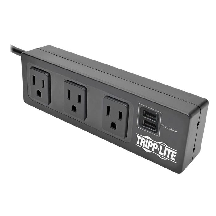 Tripp Lite 3-Outlet Surge Protector with Mounting Brackets, 10 Foot Cord, 2 USB Charging Ports, Black