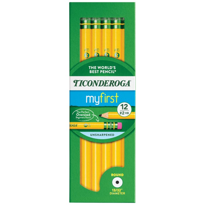 Ticonderoga My First Wood-Cased Pencils, No 2 HB, Unsharpened, Yellow, Pack of 12