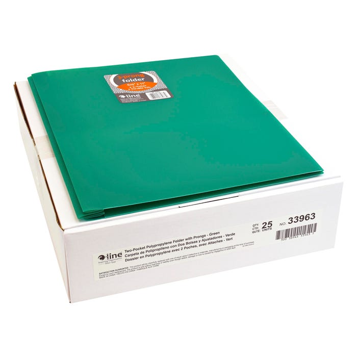 C-Line 2-Pocket Poly Portfolio with Prongs, Green, Pack of 25