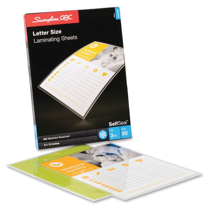 Swingline GBC SelfSeal Adhesive Laminating Pouch, 9 x 12 in, 3 mil Thickness, Clear, Pack of 50