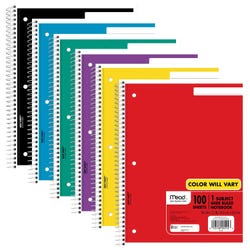 Mead Wirebound Notebook, 1 Subject, Wide Ruled, 7-1/2 x 10-1/2 Inches, Colors May Vary, 100 Sheets