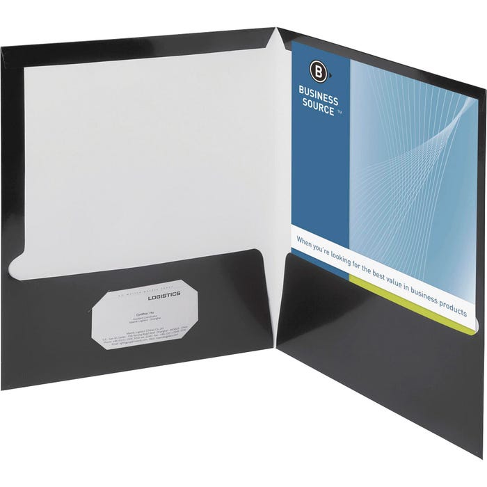 Business Source 2-Pocket Laminated Folder, 100 Sheet Capacity, Black, Pack of 25