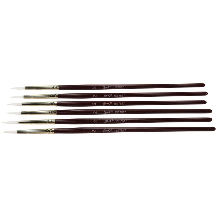Sax Optimum White Synthetic Taklon Paint Brushes, Round Type, Short Handle, Size 2, Set of 6