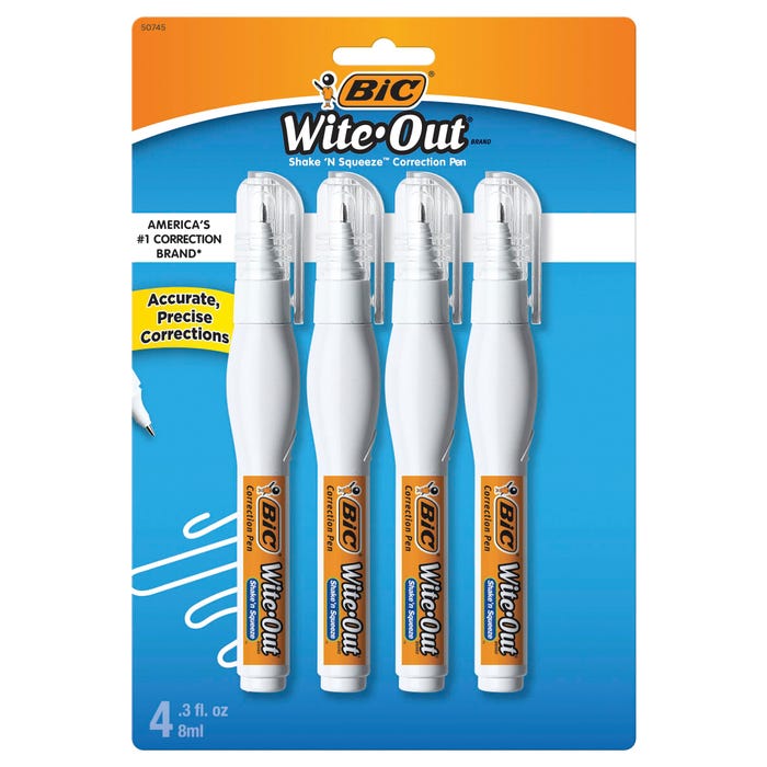 BIC Wite-Out Shake 'n Squeeze Correction Pen, 8 ml, Pack of 4