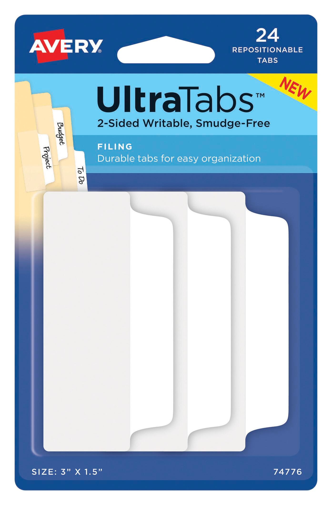Avery Repositionable UltraTabs, 3 x 1-1/2 Inches, White, Pack of 24 2006215