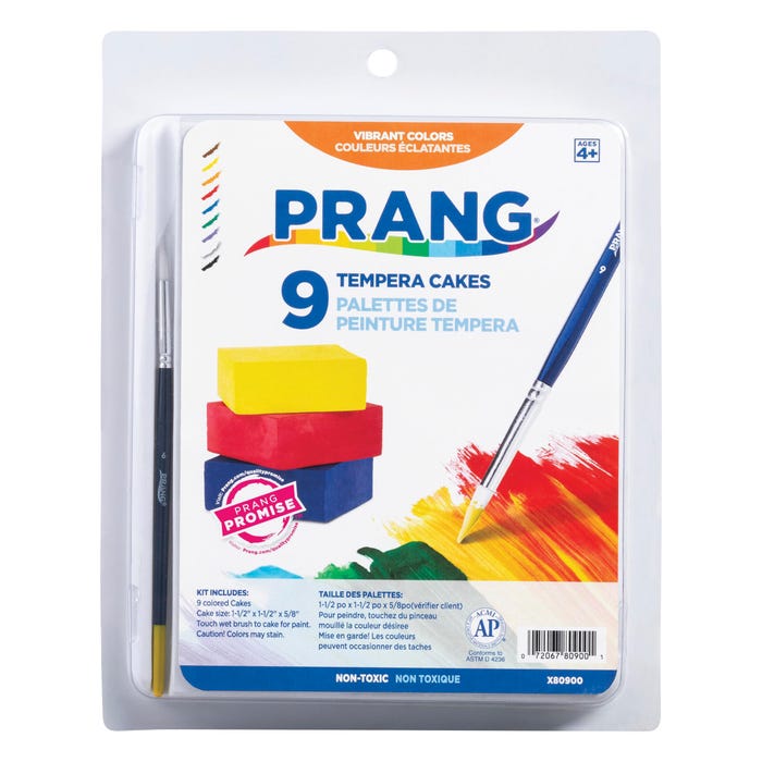 Prang Tempera Paint Cake Set with Brush, Assorted Colors, Set of 9