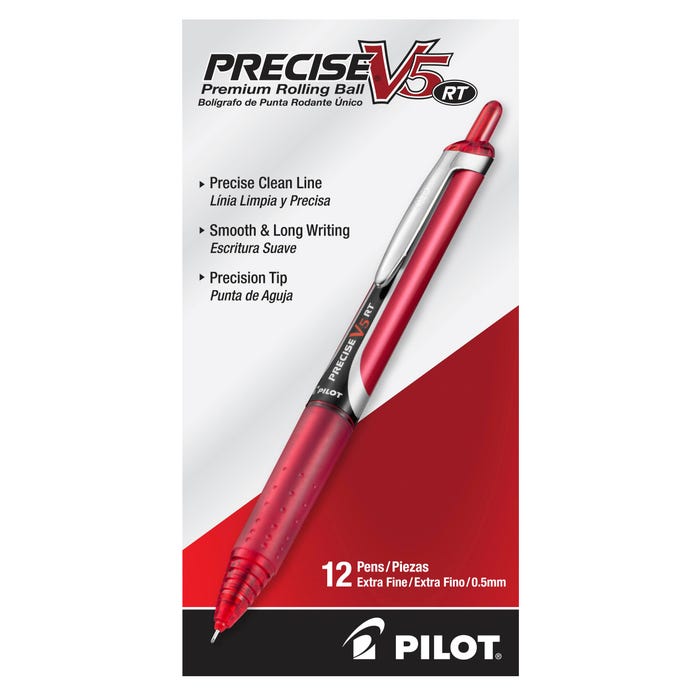 Pilot Precise V5 RT Premium Retractable Rolling Ball Pens, Extra Fine Point, Red Ink, Pack of 12