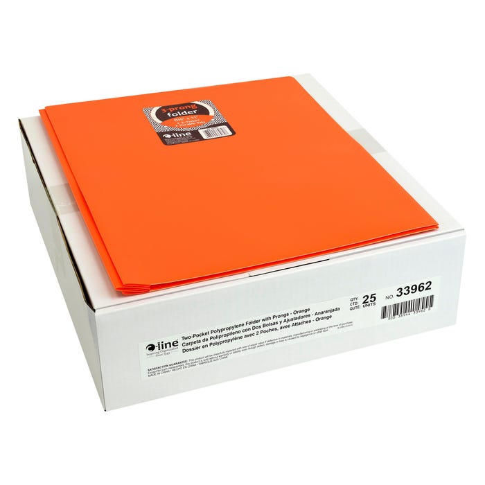C-Line 2-Pocket Poly Portfolio with Prongs, Orange, Pack of 25