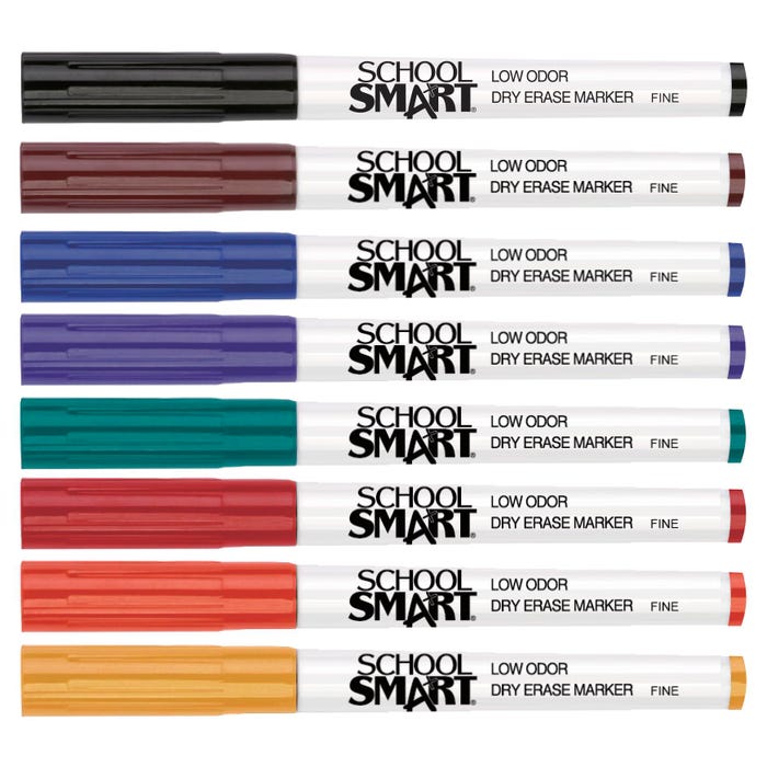 School Smart Dry Erase Pen Style Markers, Fine Tip, Assorted Colors, Pack of 24
