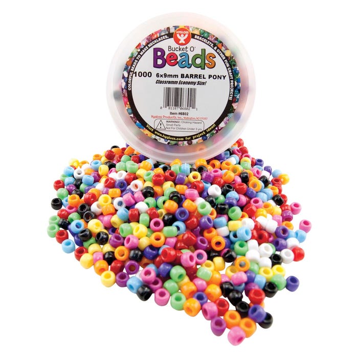 Hygloss Pony Bead, 6 x 9 mm, Assorted Bright Colors, Pack of 1000