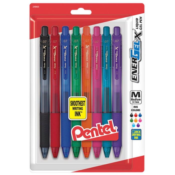 Pentel EnerGel-X Retractable Liquid Gel Pen, 0.7 mm, Assorted Colors, Pack of 8