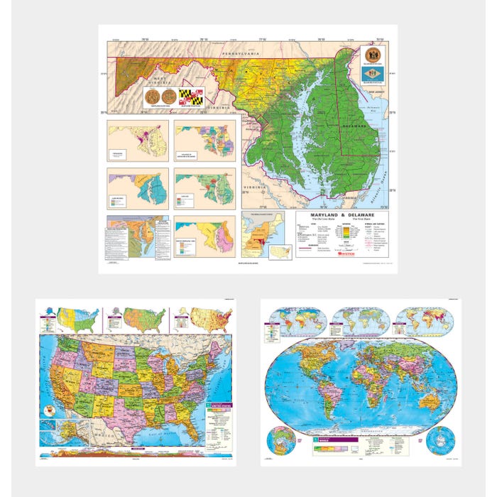 Social Studies MARYLAND/DELAWARE/U.S./WORLD MAP COMBO, Markable, Erasable, Grades 4-12