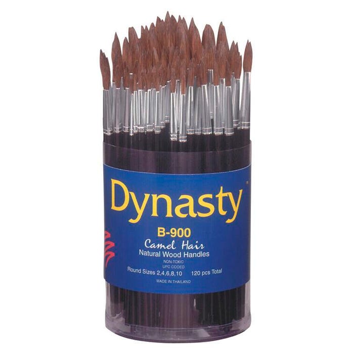 Dynasty Brush B-900 Cylinder Fine Camel Hair Short Wood Handle Paint Brush Set, Assorted Size, Natural, Set of 120