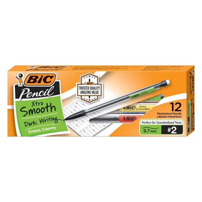 BIC Xtra Smooth Mechanical Pencils, 0.7 mm, No 2 HB, Clear Barrels, Pack of 12