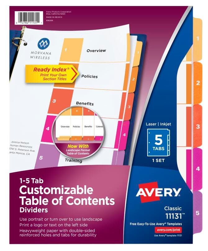 Avery Ready Index Dividers, 5 Tab, 1-5, Assorted Colors, 1 Set 078522