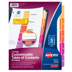Avery Ready Index Dividers, 5 Tab, 1-5, Assorted Colors, 1 Set 078522