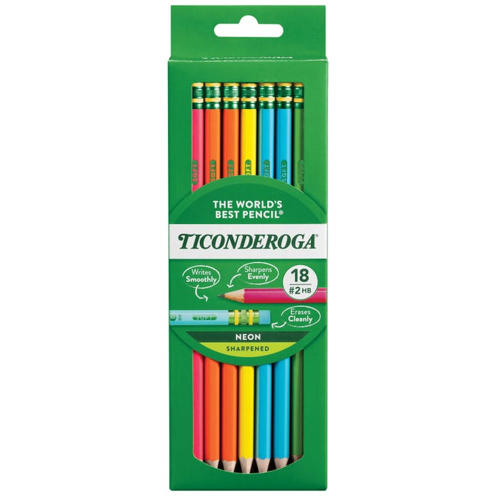 Ticonderoga Neon Wood-Cased Pencils, No 2 HB, Sharpened, Assorted Neon Colors, Pack of 18