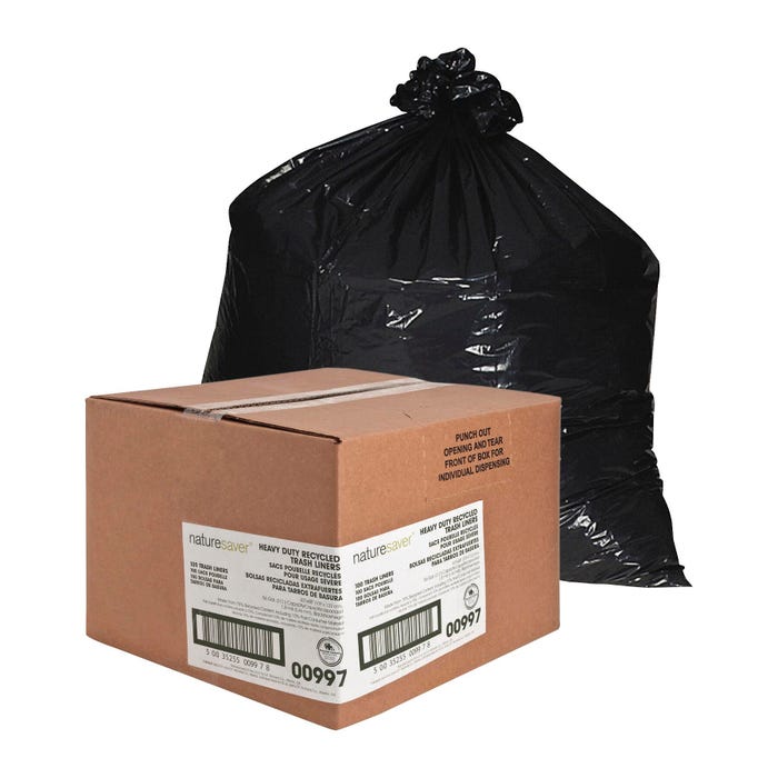 Nature Saver Low Density Recycled Can Liners, 56 Gallon, 1.65 mil, Black, 100 Count Box