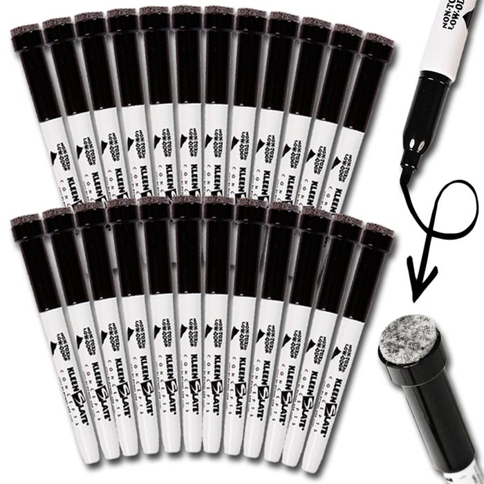 KleenSlate Dry Erase Markers with Erasers, Black, Pack of 24