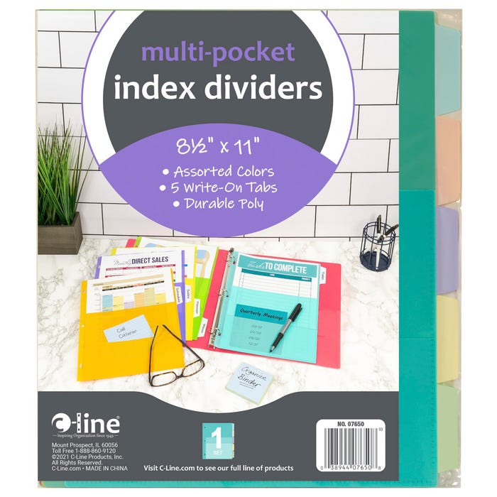 C-Line Index Dividers with Multi-Pockets, 5-Tab, Assorted, 1 Set