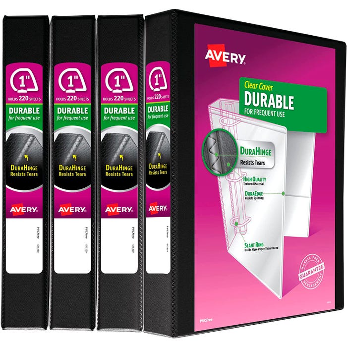 Avery Durable View Binders, 1 Inch, Slant Rings, Black, Pack of 4