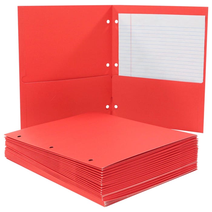 School Smart 2-Pocket Folder, Letter Size, 3 Hole Punched, Red, Pack of 25