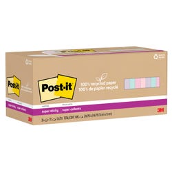 Post-it® 100% Recycled Super Sticky Notes, 3x3, 24 Pads/Pack, 70 Sheets/Pad, Wanderlust Pastels, Item Number 2104167