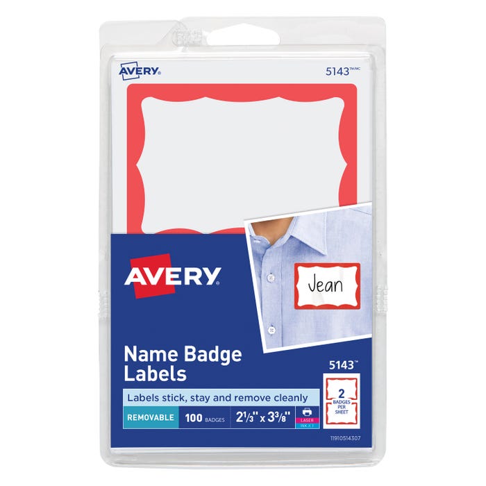 Avery Adhesive Name Badges, 2-1/3 x 3-3/8 Inches, Red Border, Pack of 100