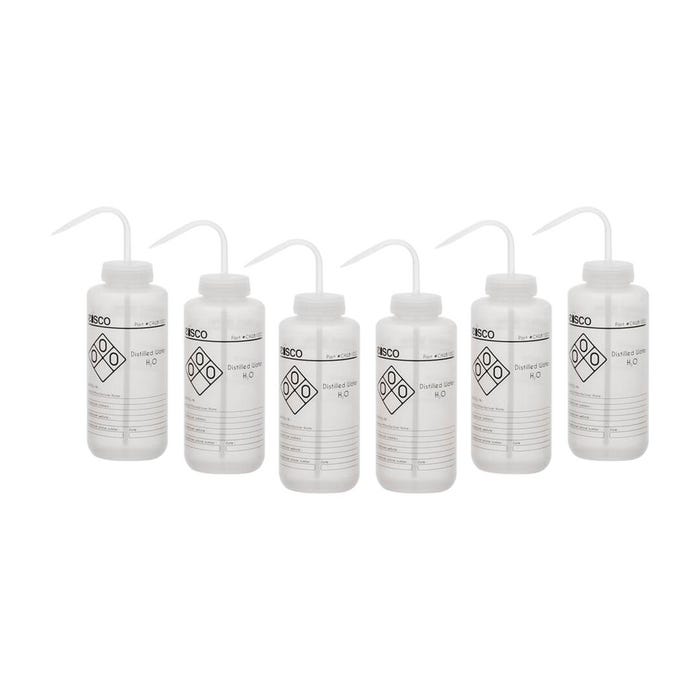 Eisco Labs Distilled Water Wash Bottle, 1000 mL, Wide Mouth, LDPE, Pack of 6