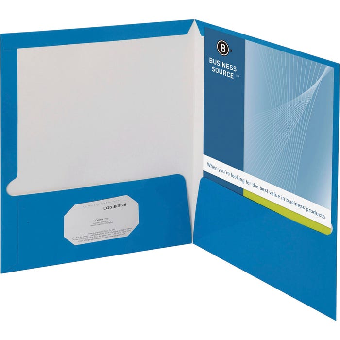 Business Source 2-Pocket Laminated Folder, 100 Sheet Capacity, Blue, Pack of 25