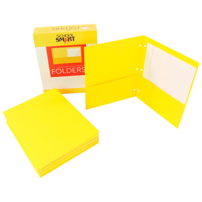 School Smart 2-Pocket Folder, Letter Size, 3 Hole Punched, Yellow, Pack of 25