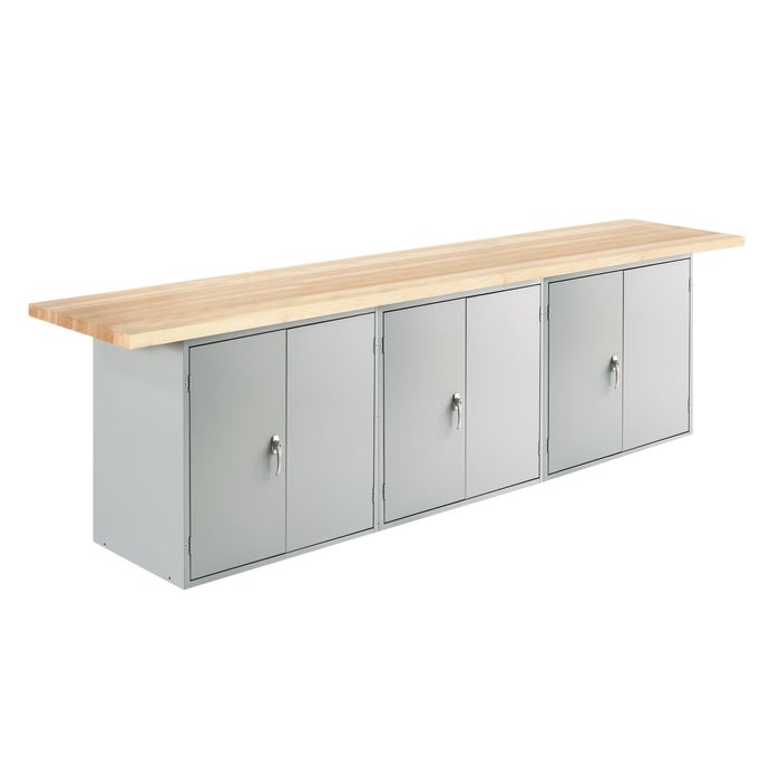 Diversified Spaces Wall And Island Bench with 3 Double Doors, 120 x 24 x 32-3/4 Inches, Maple Top, Gray Base