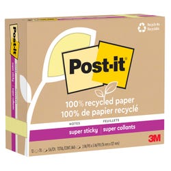 Post-it® 100% Recycled Super Sticky Notes, 3 x 5 inches, 12 Pads per Pack, 70 Sheets per Pad, Item Number 2104172