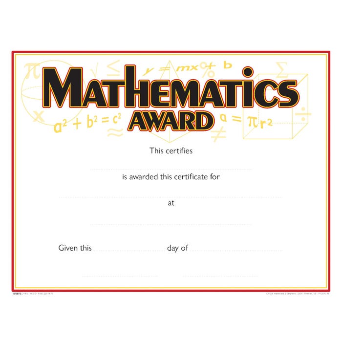 Achieve It! Raised Print Mathematics Recognition Award, 11 x 8-1/2 inches, Pack of 25