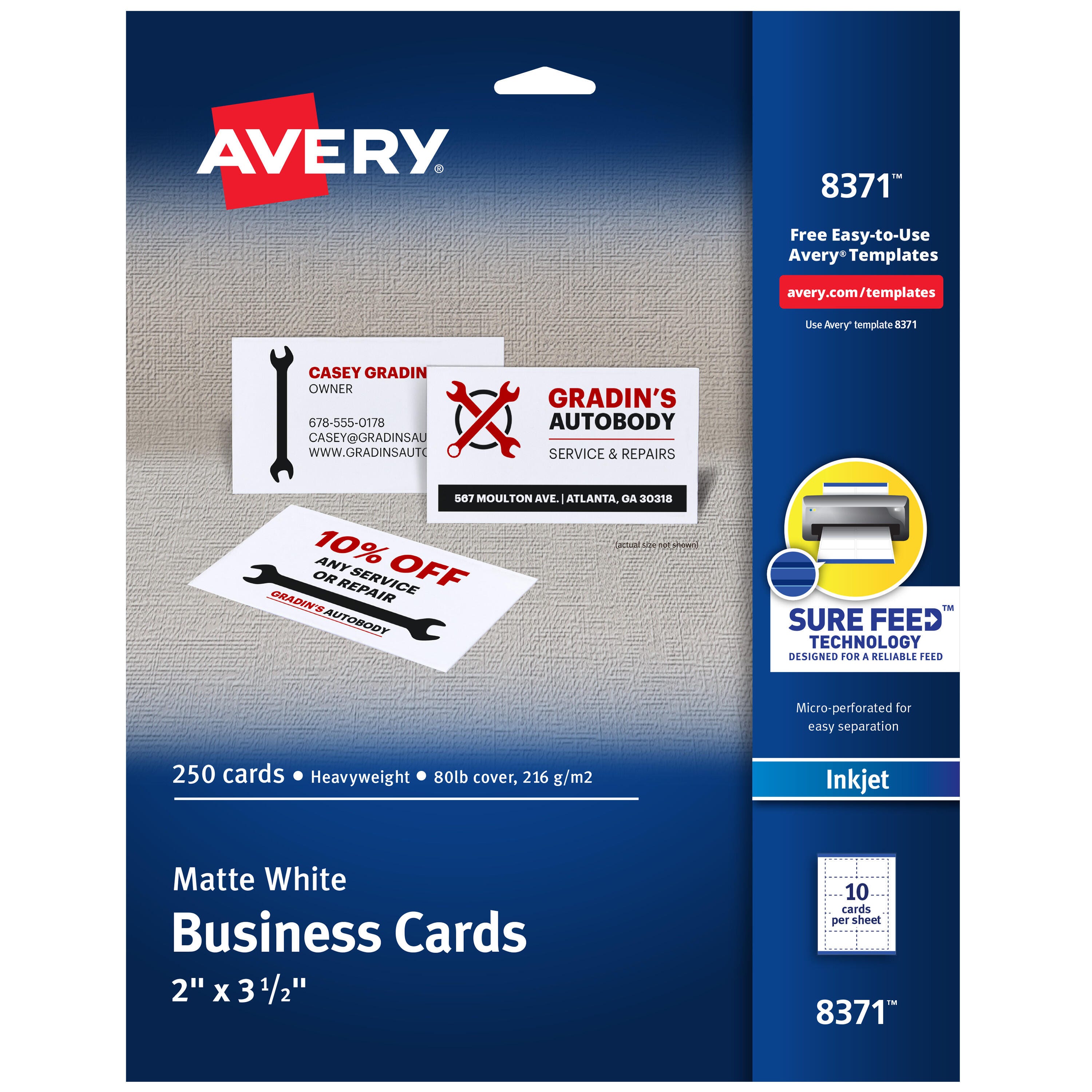 Image for Avery Business Cards, 2 x 3-1/2 Inches, Inkjet Printable, Matte White, Pack of 250 from School Specialty