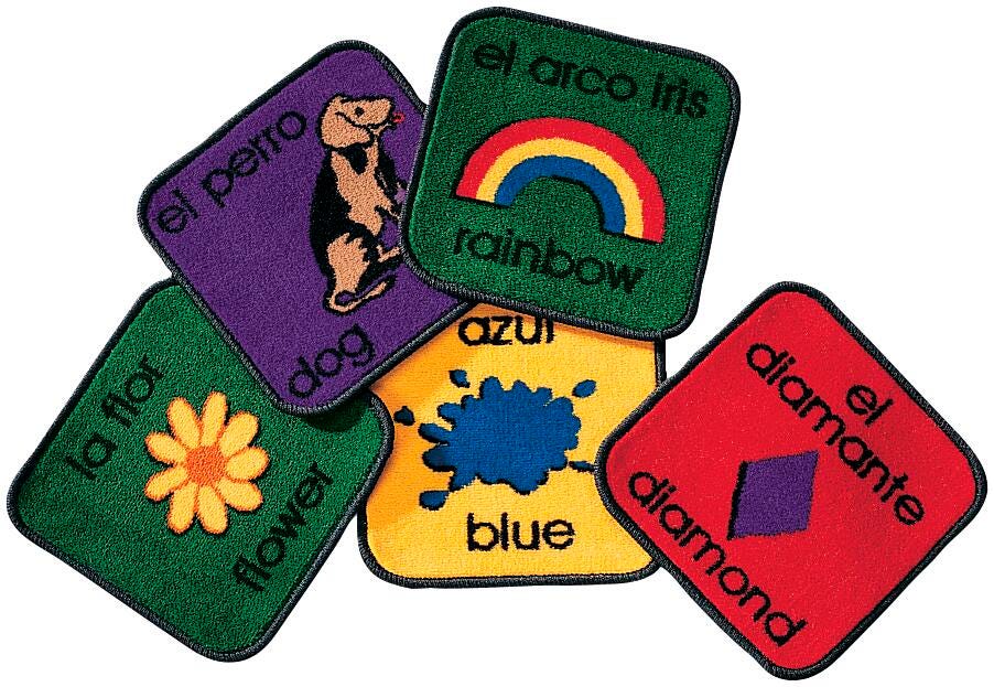 Carpets for Kids KID$Value PLUS Bilingual Seating Squares Carpet, 12 x 12 Inches, Square, Set of 18, Multicolored 076257