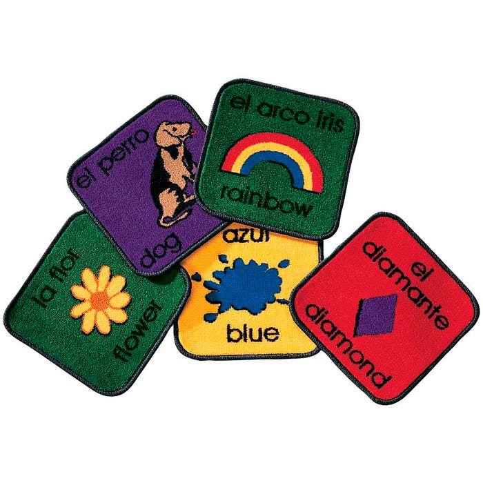 Carpets for Kids KID$Value PLUS Bilingual Seating Squares Carpet, 12 x 12 Inches, Square, Set of 18, Multicolored