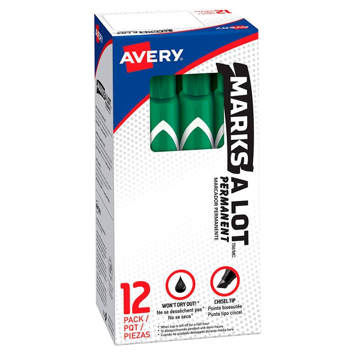 Avery Marks-A-Lot Large Desk-Style Permanent Marker, Chisel Tip, Green, Pack of 12