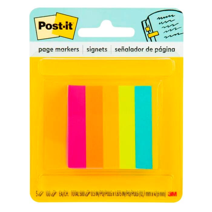 Post-it Page Markers, 1/2 x 1-3/4 Inches, Assorted Bright Colors, Pad of 100 Sheets, Pack of 5