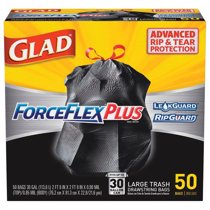 Glad ForceFlexPlus Heavy Duty Trash Bags, 30 Gallon, Black, 50 Count Box