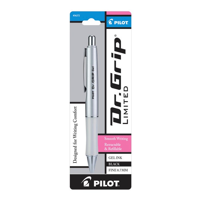 Pilot Dr. Grip Limited Gel Ink Retractable Rolling Ball Pen, Silver Barrel, Fine Point, Black Ink