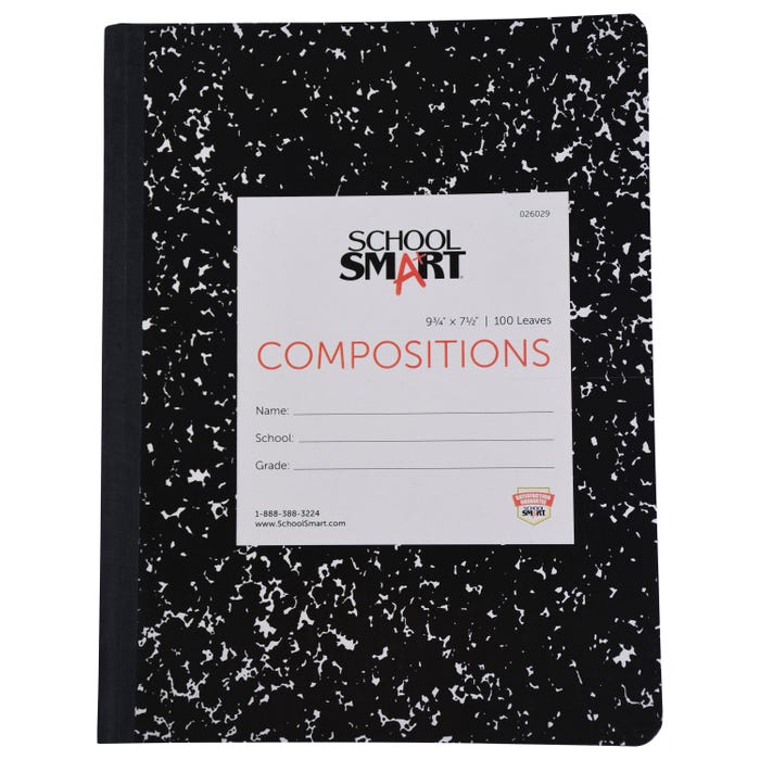 School Smart Hard Cover Marble Composition Book, Wide Ruled, 9-3/4 x 7-1/2 Inches, 100 Sheets