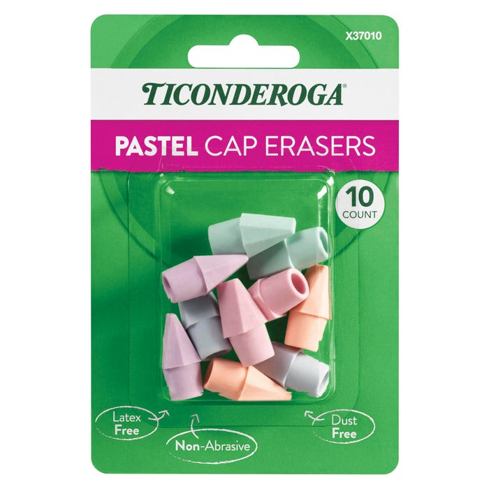 Ticonderoga Cap Erasers, Assorted Pastel Colors, Pack of 10