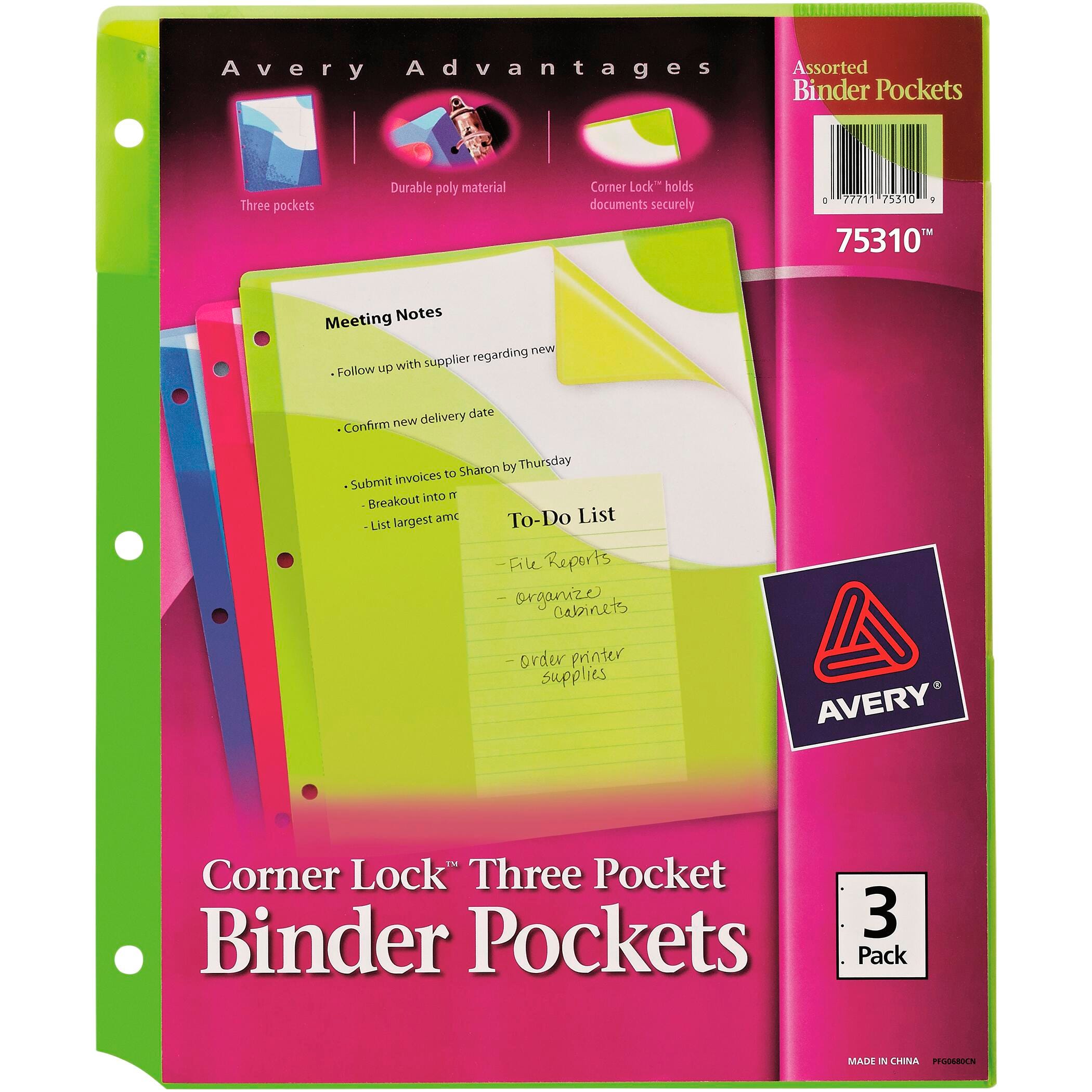 Avery Corner Lock Three-Pocket Binder Pockets, Assorted Colors, Pack of 3, Item 2021500