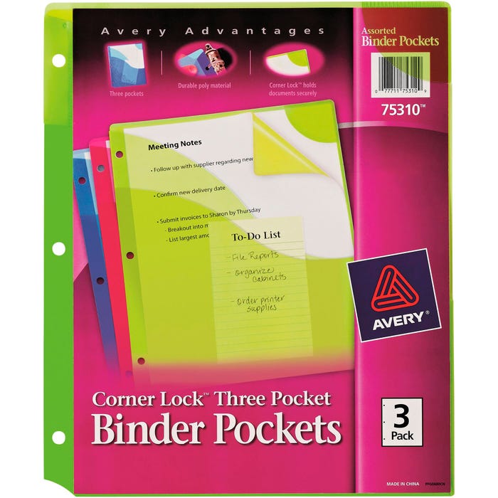 Avery Corner Lock Three-Pocket Binder Pockets, Assorted Colors, Pack of 3